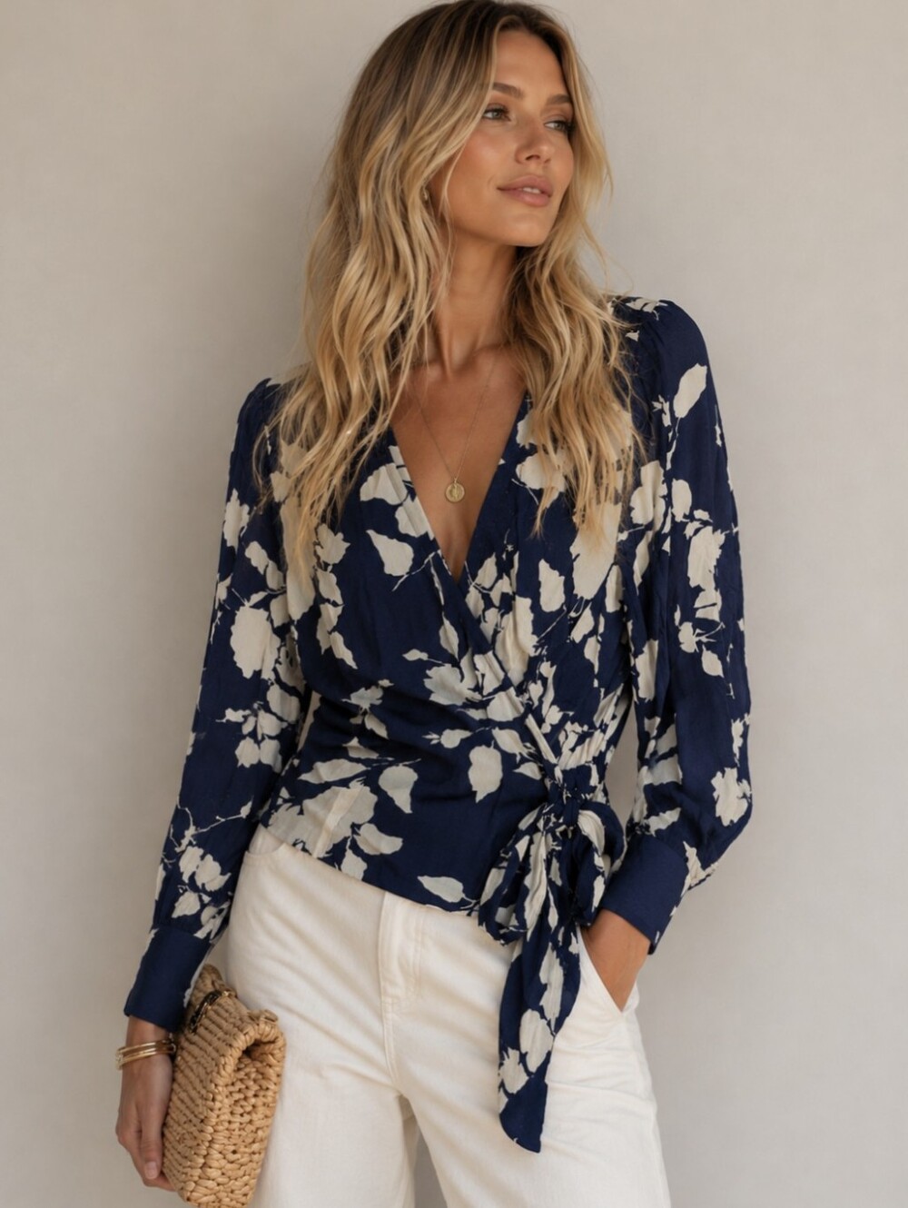 Talbots Blue White Floral Faux Wrap Top Tie Side Blouse Top ShirtSmall